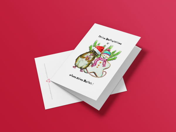 Weihnachtsgrußkartenset "LECKERES MÄUSCHEN" , 5 Stück jeweils mit Briefumschlag rot