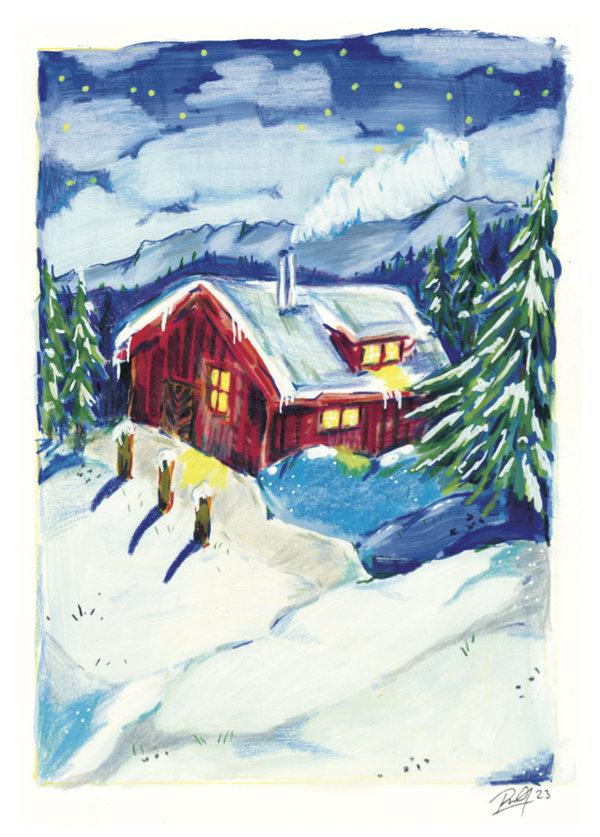 Weihnachtspostkarten 2023, Motiv 1 "Hütte", 5 Stück